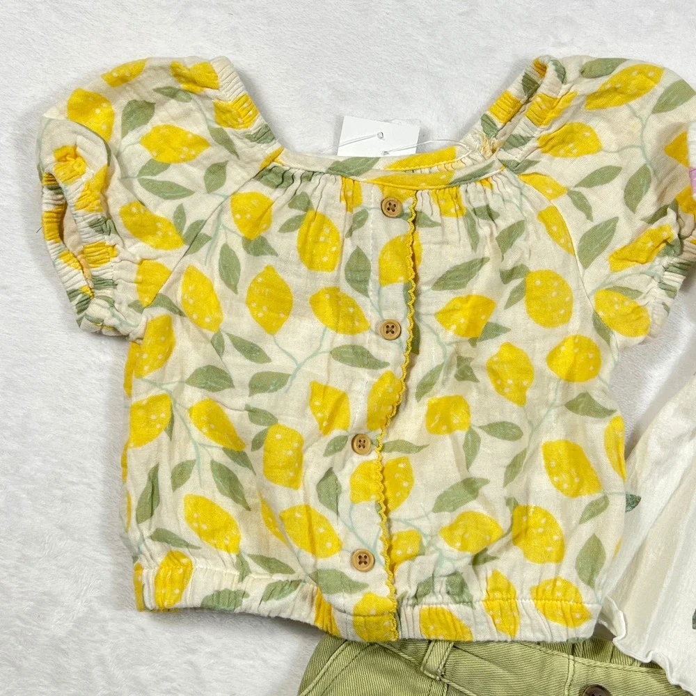 Cat & Jack Girls 3pc Summer Set 18M Lemon Floral Tops Olive Green Shorts
